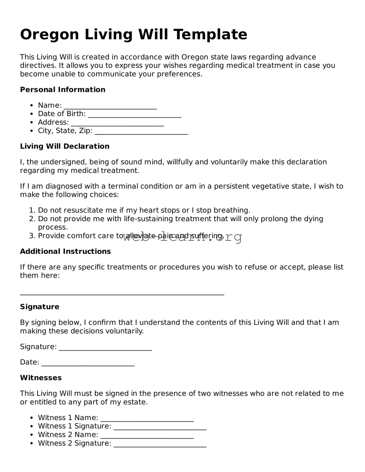 Attorney-Approved Living Will Document for the State of Oregon