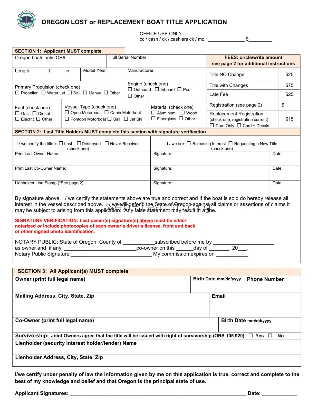 Blank Oregon Lost Boat Title Application Form