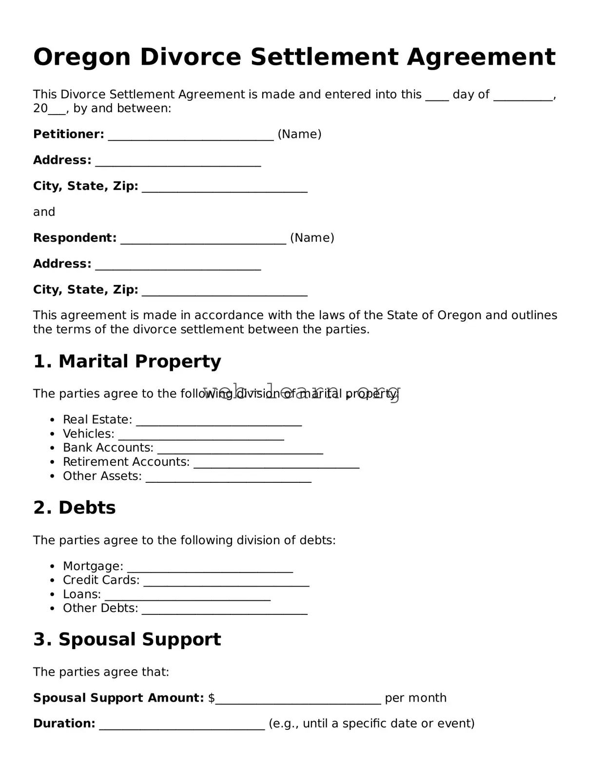 Attorney-Approved Divorce Settlement Agreement Document for the State of Oregon