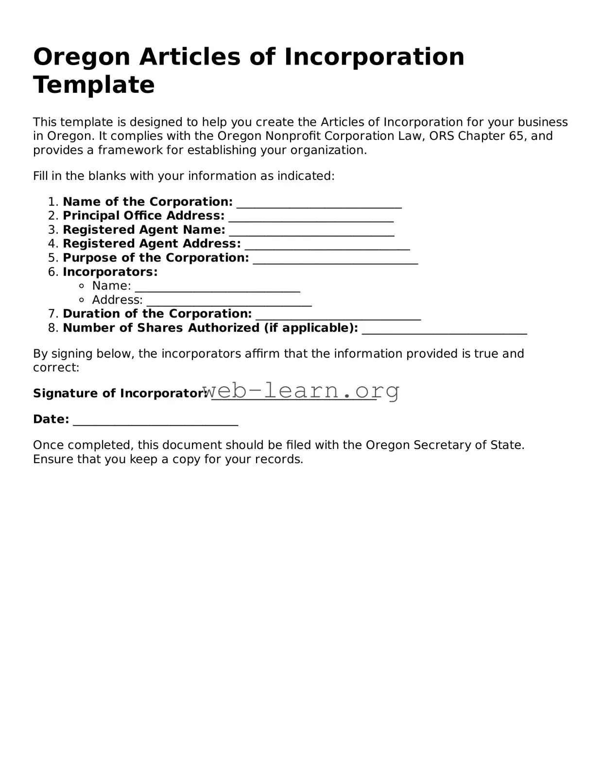 Attorney-Approved Articles of Incorporation Document for the State of Oregon
