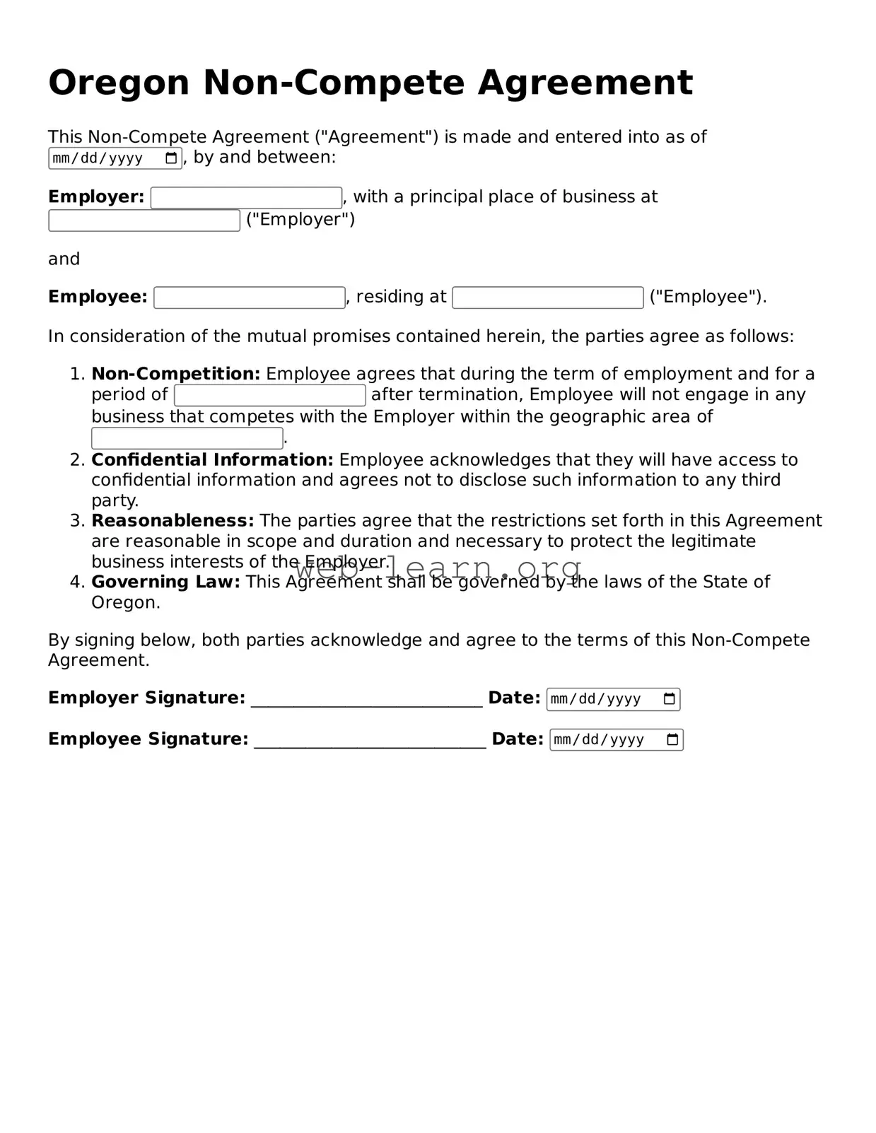 Attorney-Approved Non-compete Agreement Document for the State of Oregon