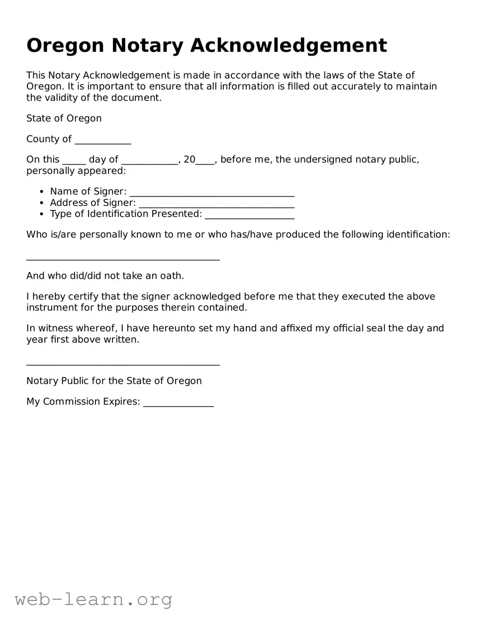 Attorney-Approved Notary Acknowledgement Document for the State of Oregon