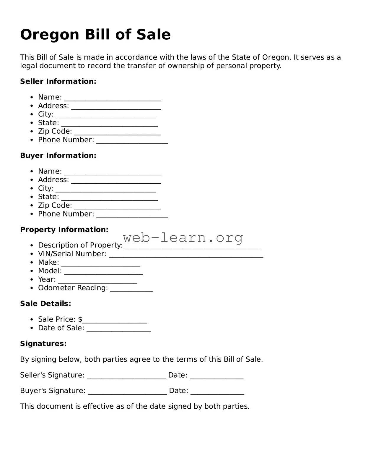 Attorney-Approved Bill of Sale Document for the State of Oregon
