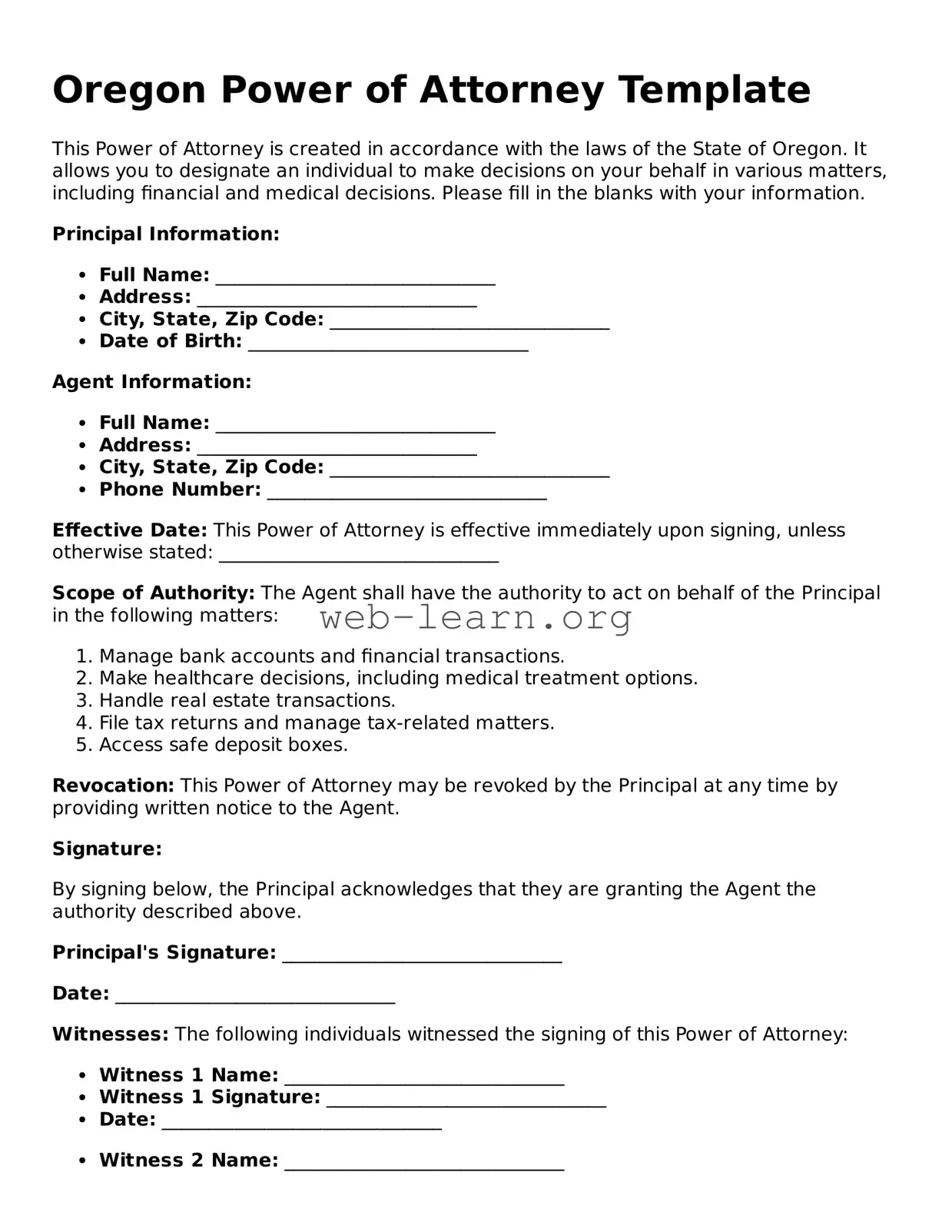 Attorney-Approved Power of Attorney Document for the State of Oregon