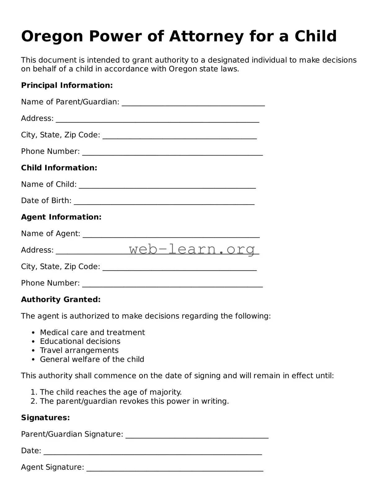 Attorney-Approved Power of Attorney for a Child Document for the State of Oregon