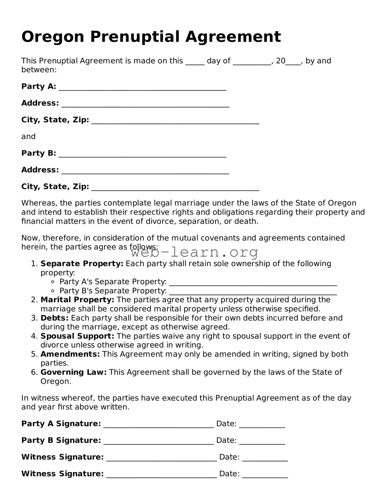 Attorney-Approved Prenuptial Agreement Document for the State of Oregon