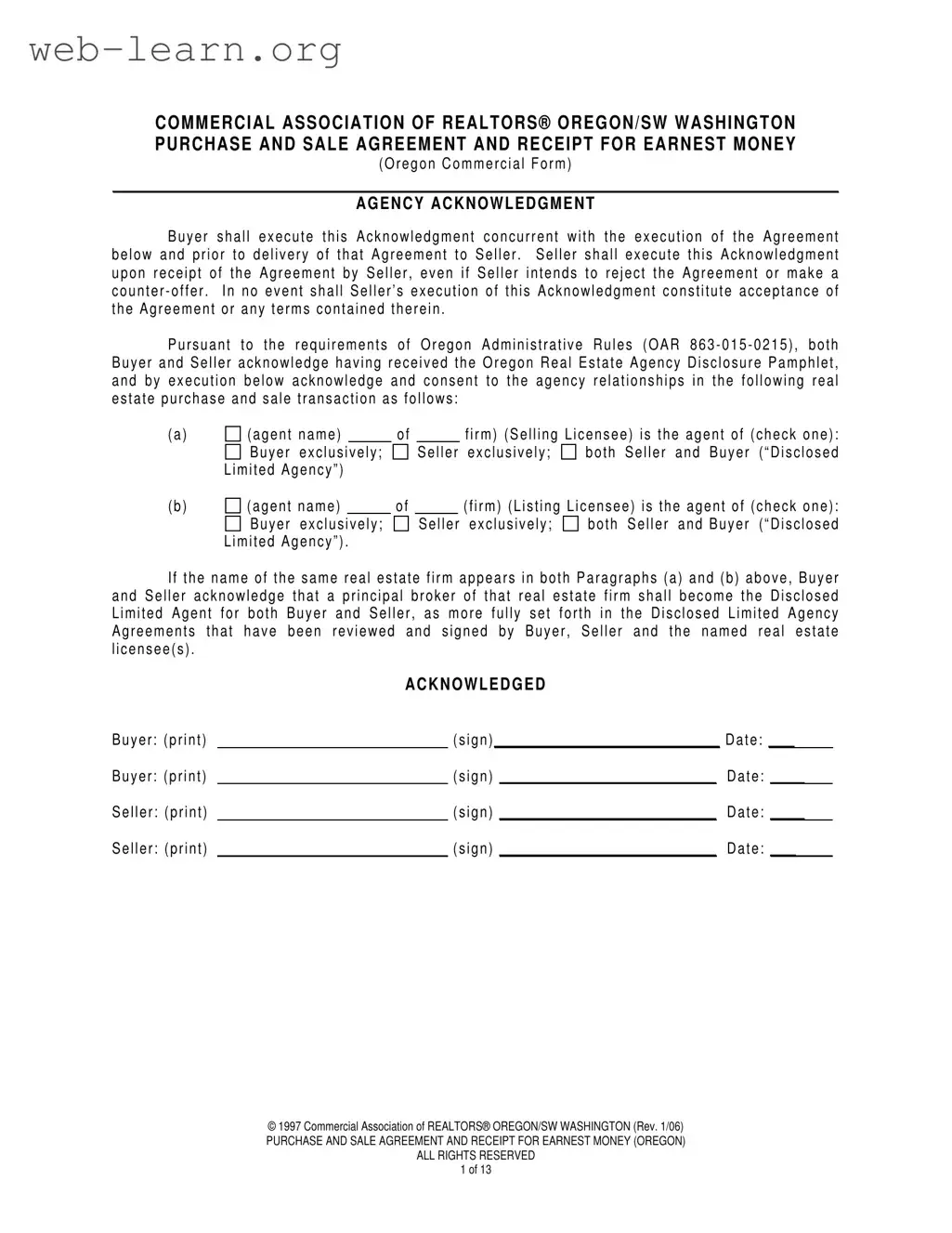 Blank Money Agreement Oregon Form