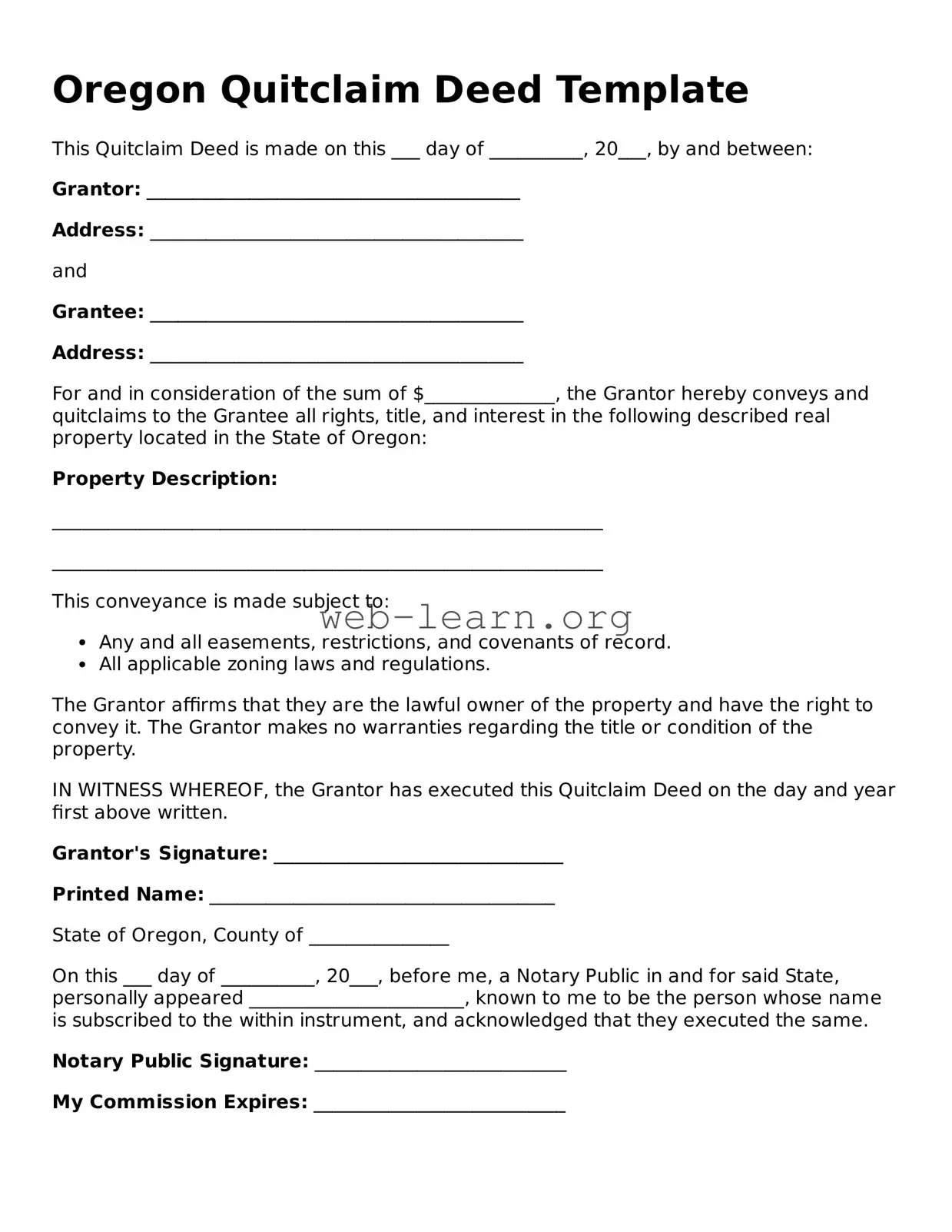 Attorney-Approved Quitclaim Deed Document for the State of Oregon