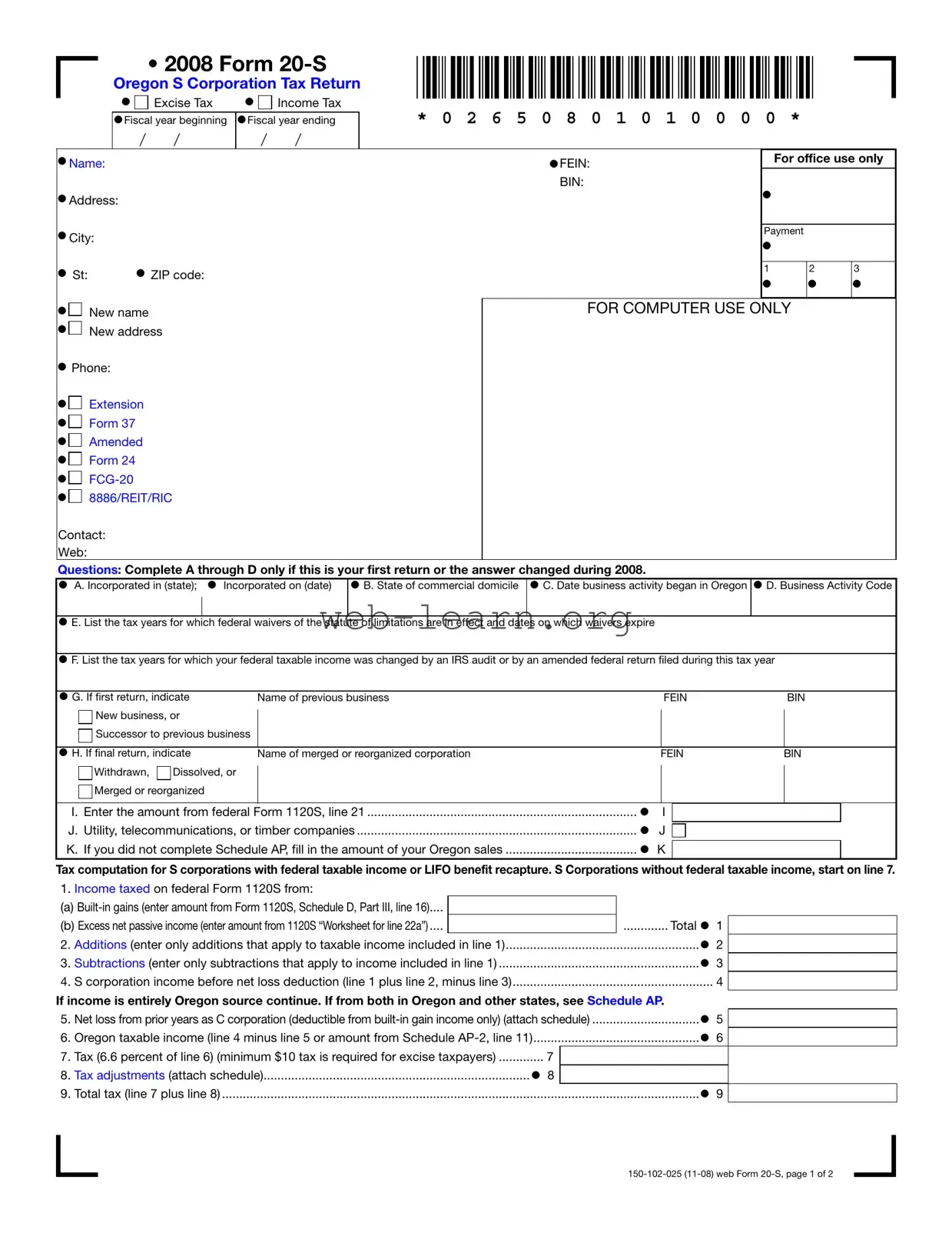 Blank Oregon 20 S Form