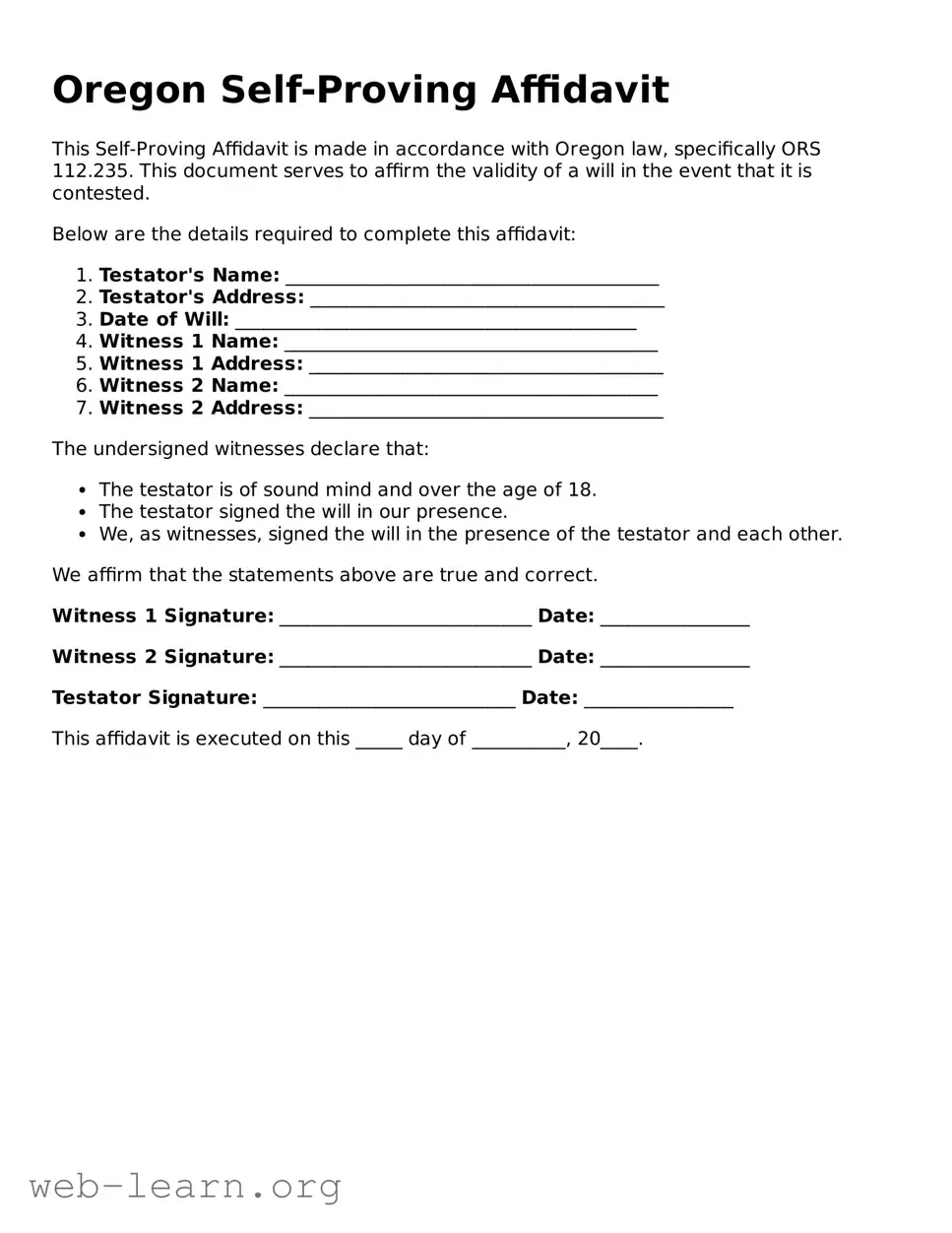 Attorney-Approved Self-Proving Affidavit Document for the State of Oregon