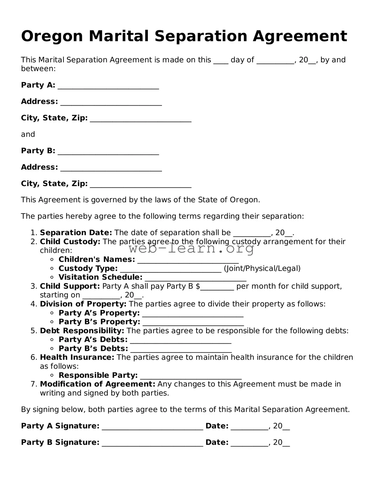 Attorney-Approved Marital Separation Agreement Document for the State of Oregon