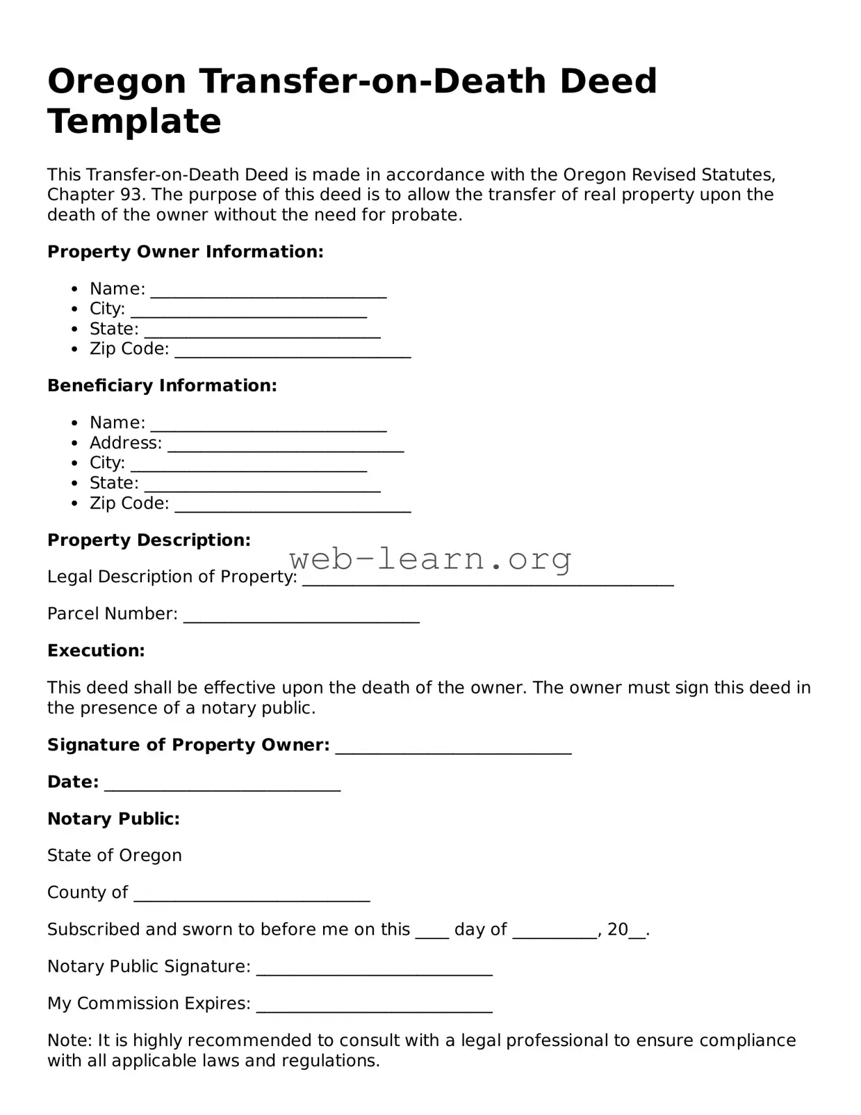 Attorney-Approved Transfer-on-Death Deed Document for the State of Oregon