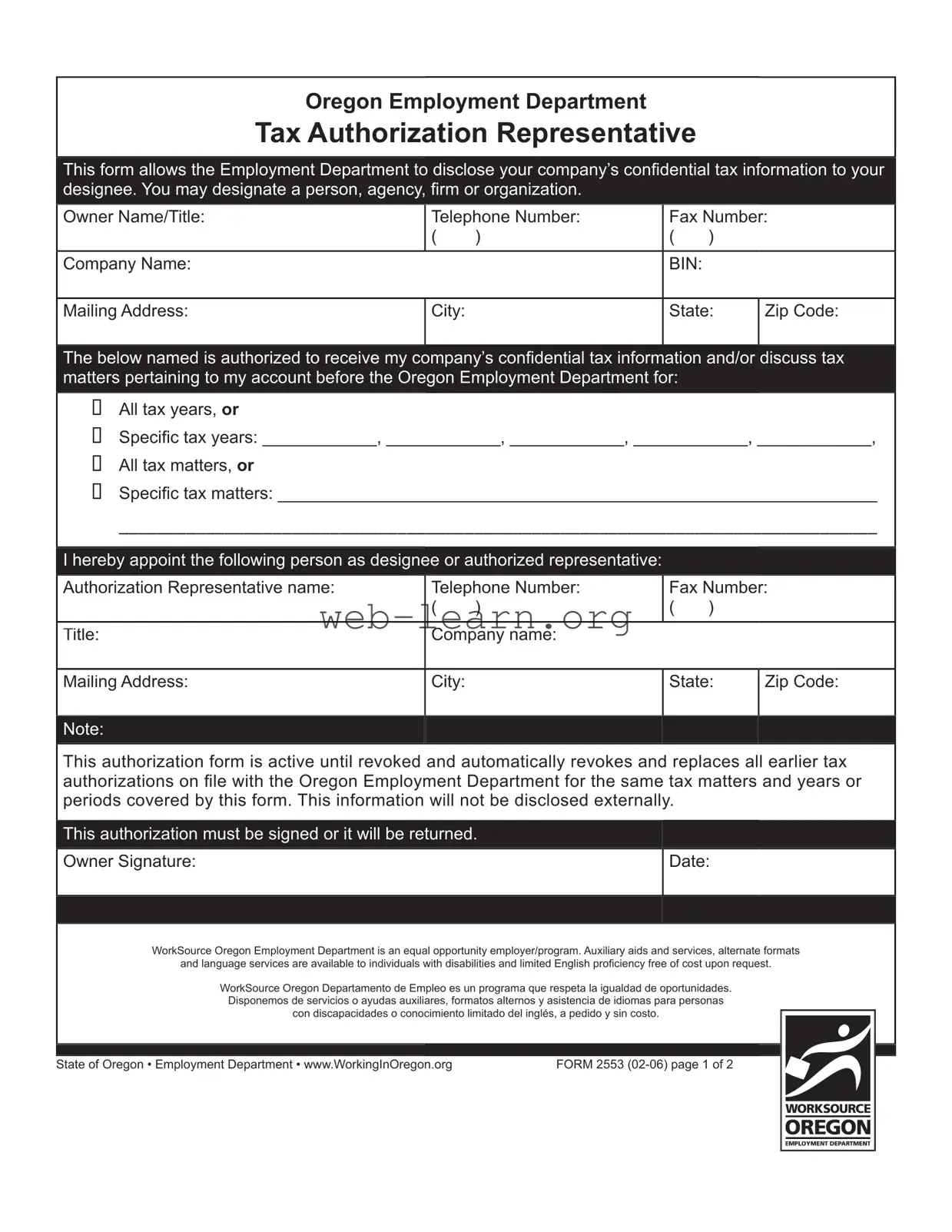 Blank Oregon 2553 Form