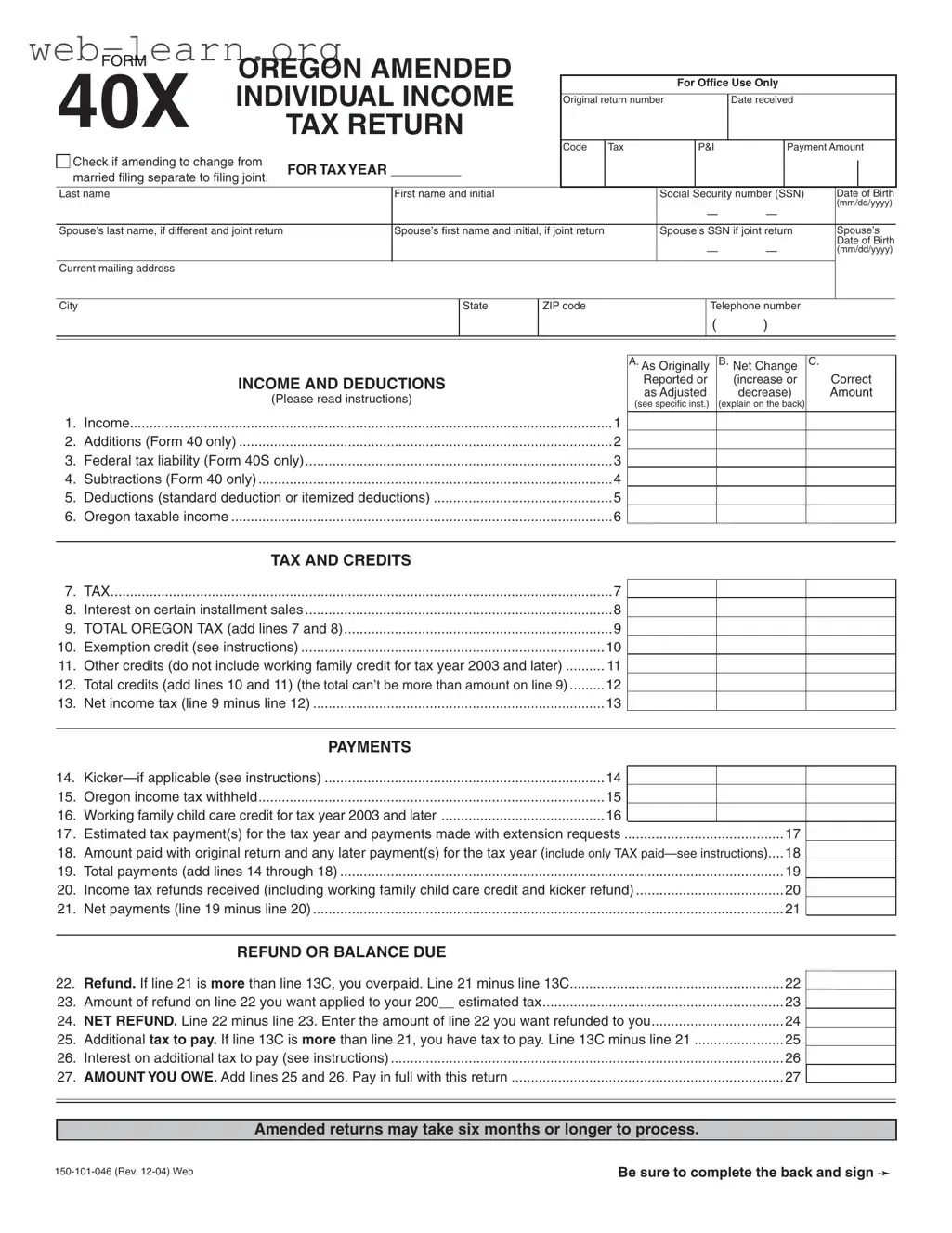 Blank 40X Oregon Form