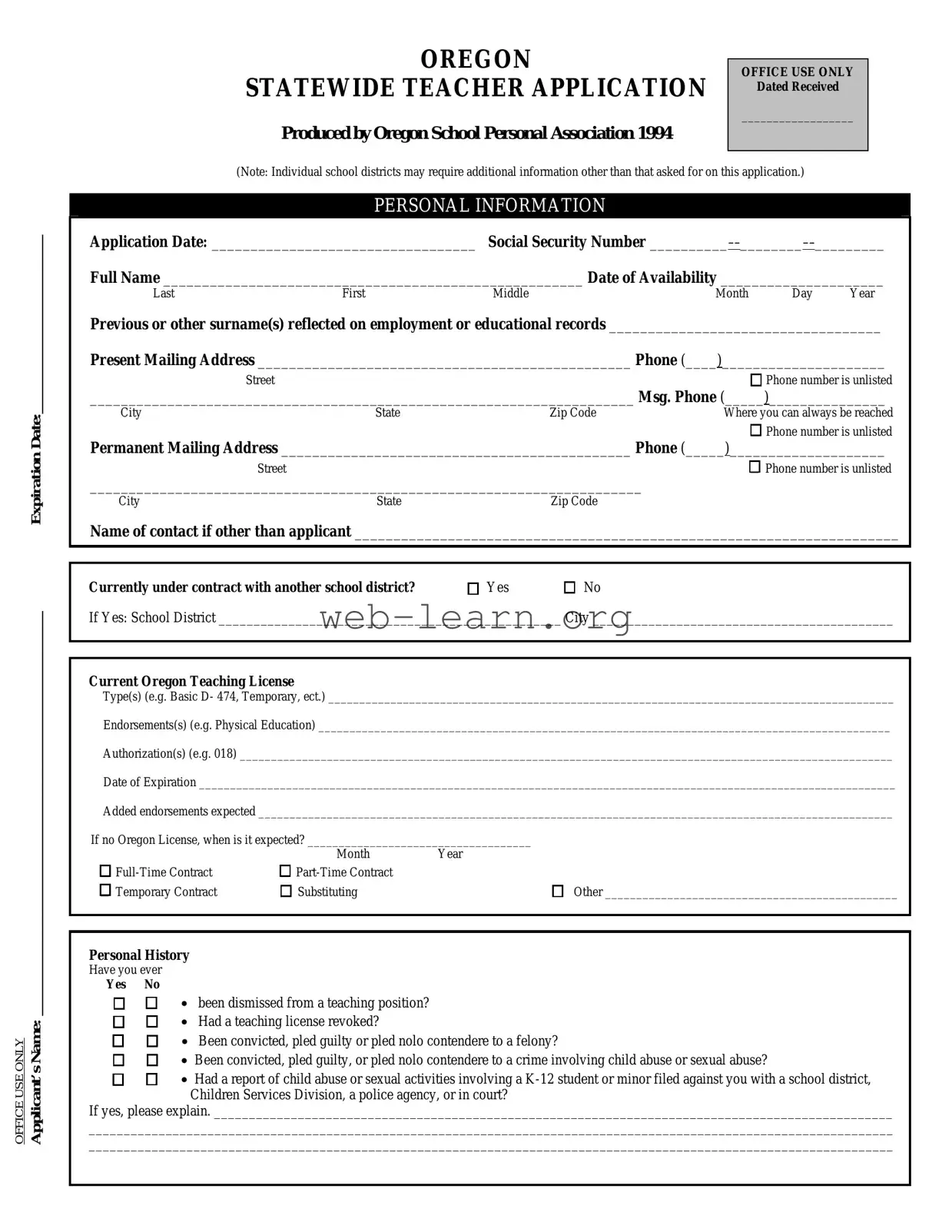 Blank Oregon Teacher Application Form
