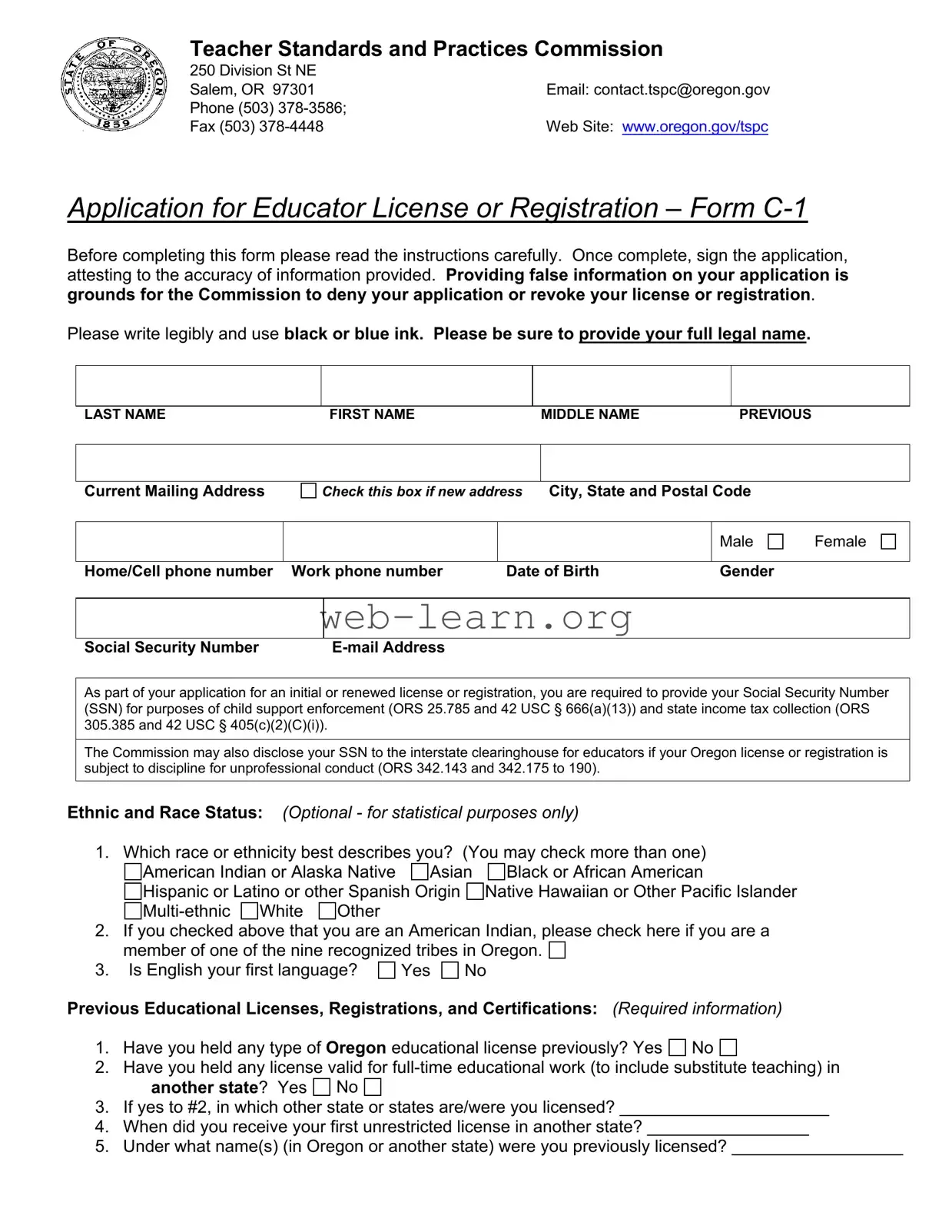 Blank Oregon Tspc C 1 Form
