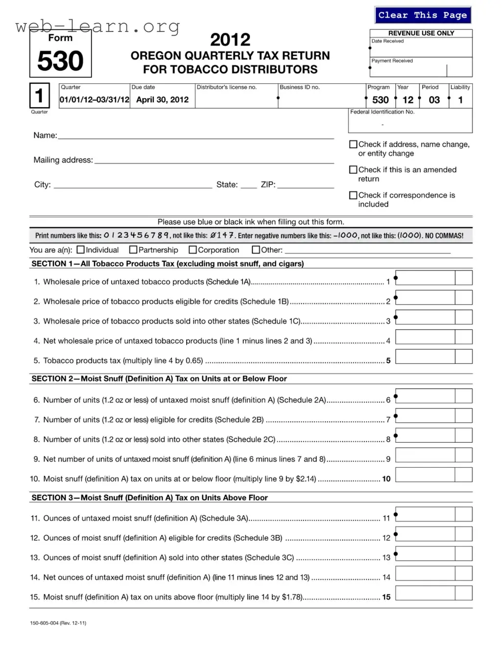 Blank 530 Oregon Form