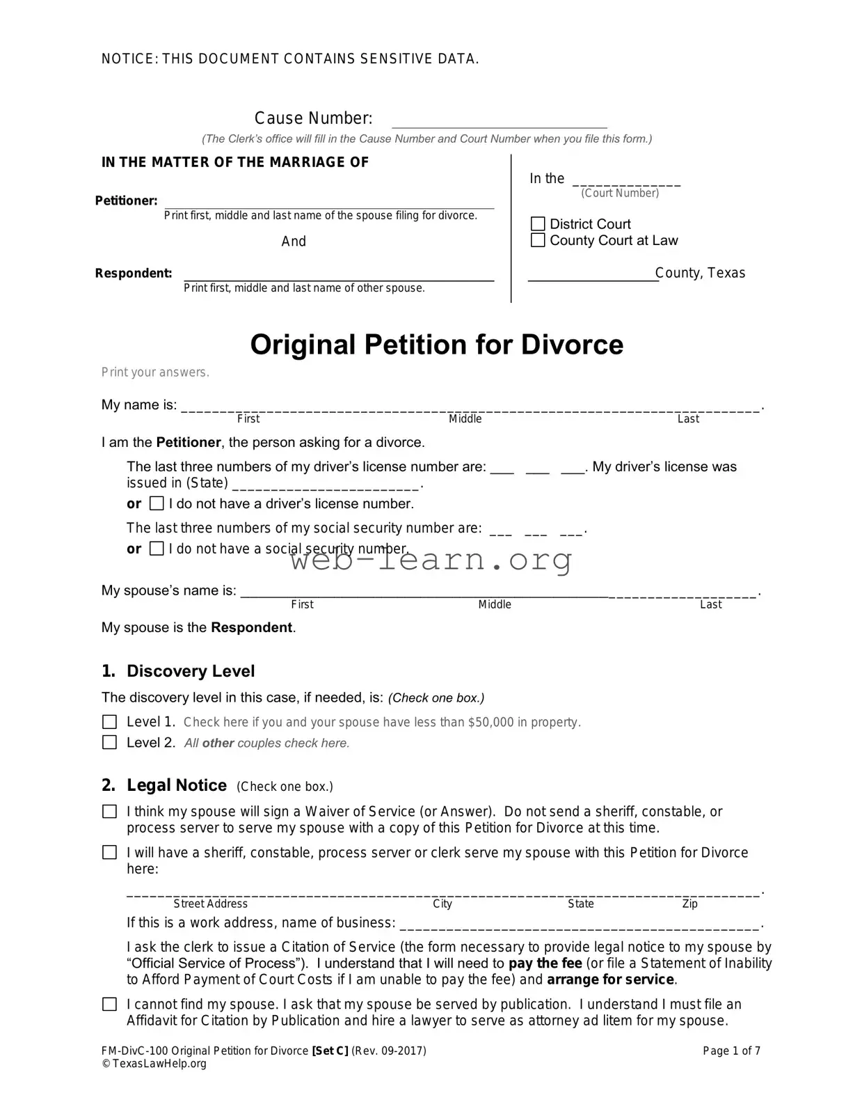Blank Texas Law Help FM-DivC-100 Original Petition for Divorce Set C Form