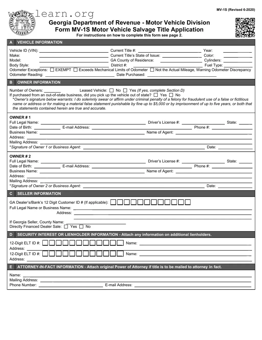 Blank Georgia Mv 1S Form