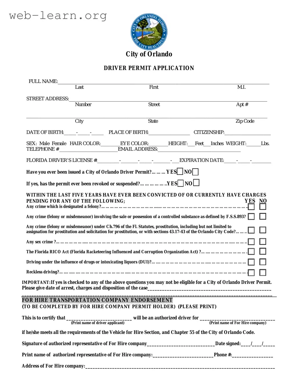 Blank Florida Orlando Driver License Form