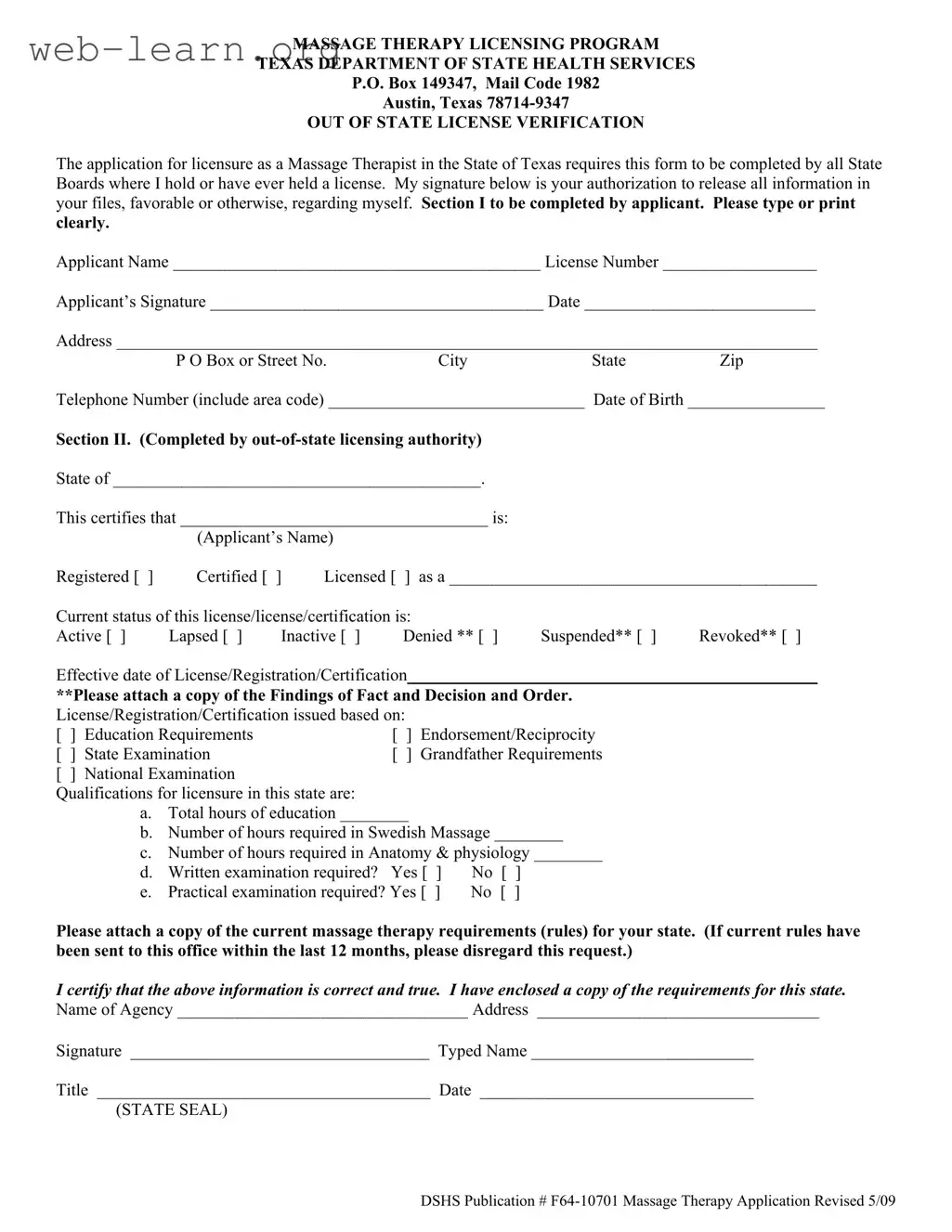 Blank Massage License Texas Lookup Form