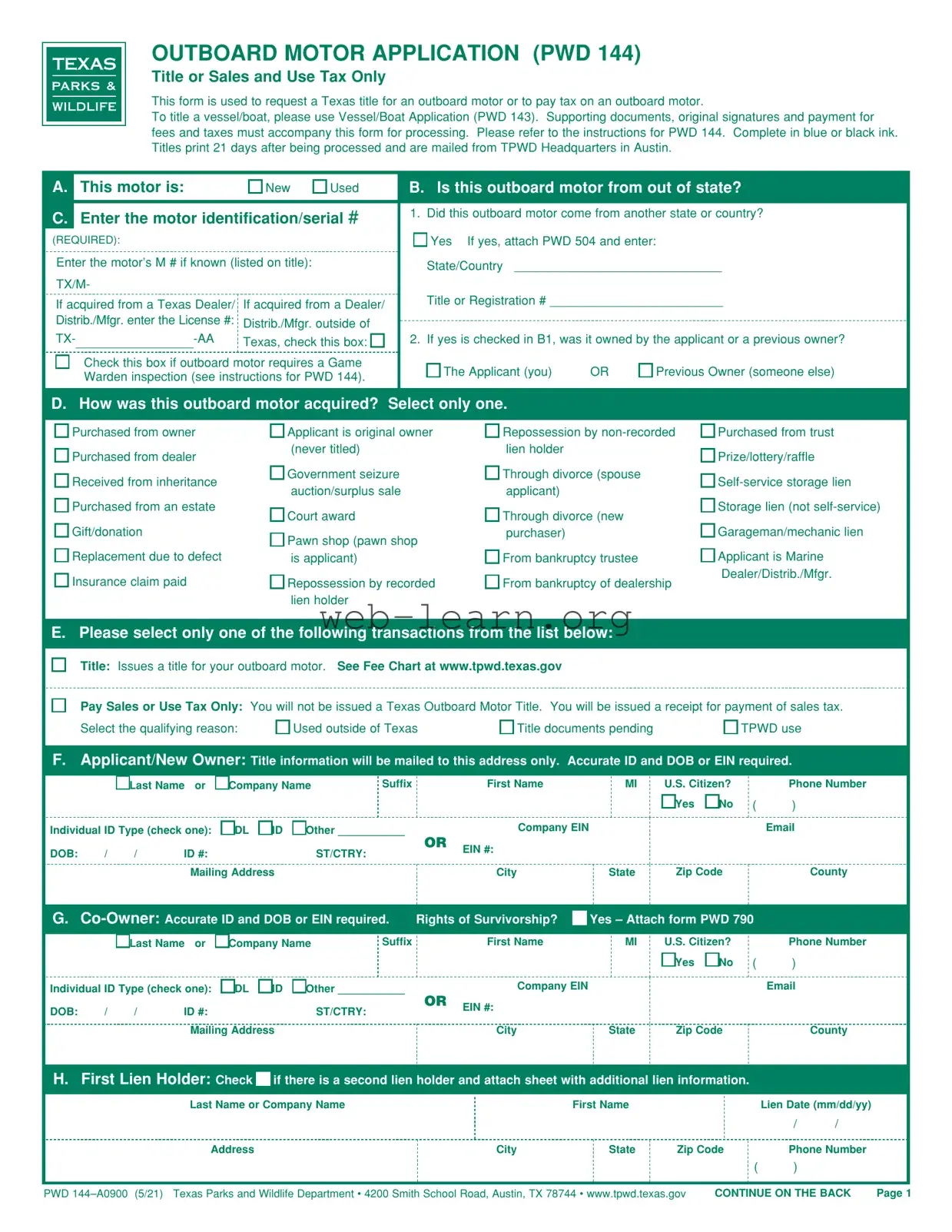 Blank Texas Pwd 144 Form