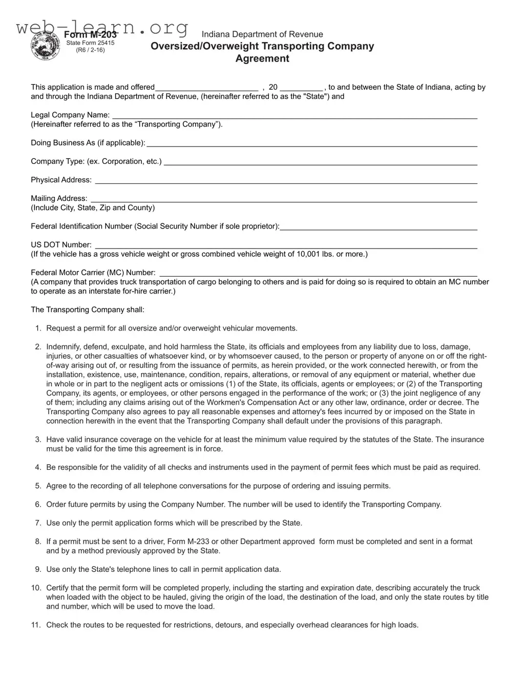 Blank Indiana M203 Form