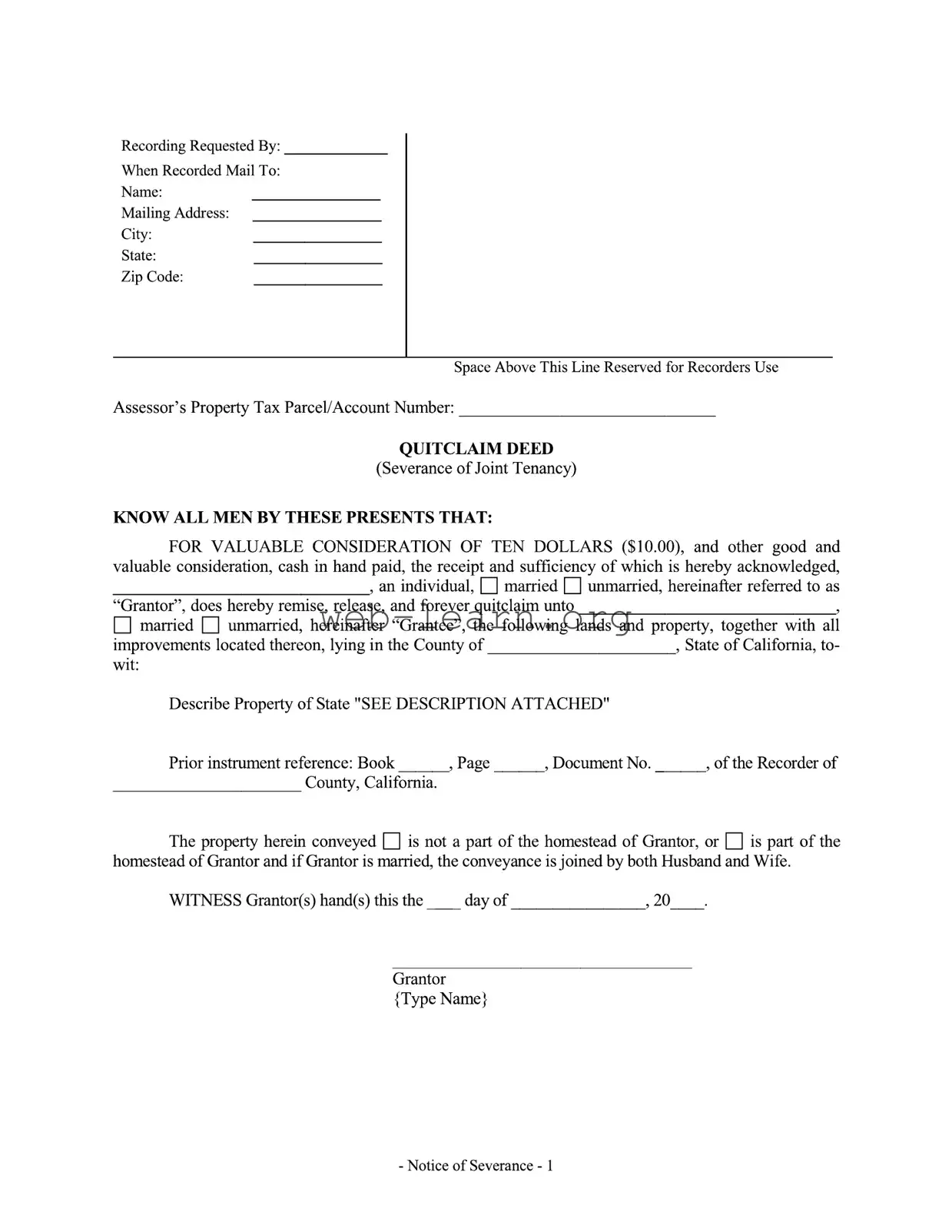 Blank Notice Of Severance Of Joint Tenancy California Divorce Form