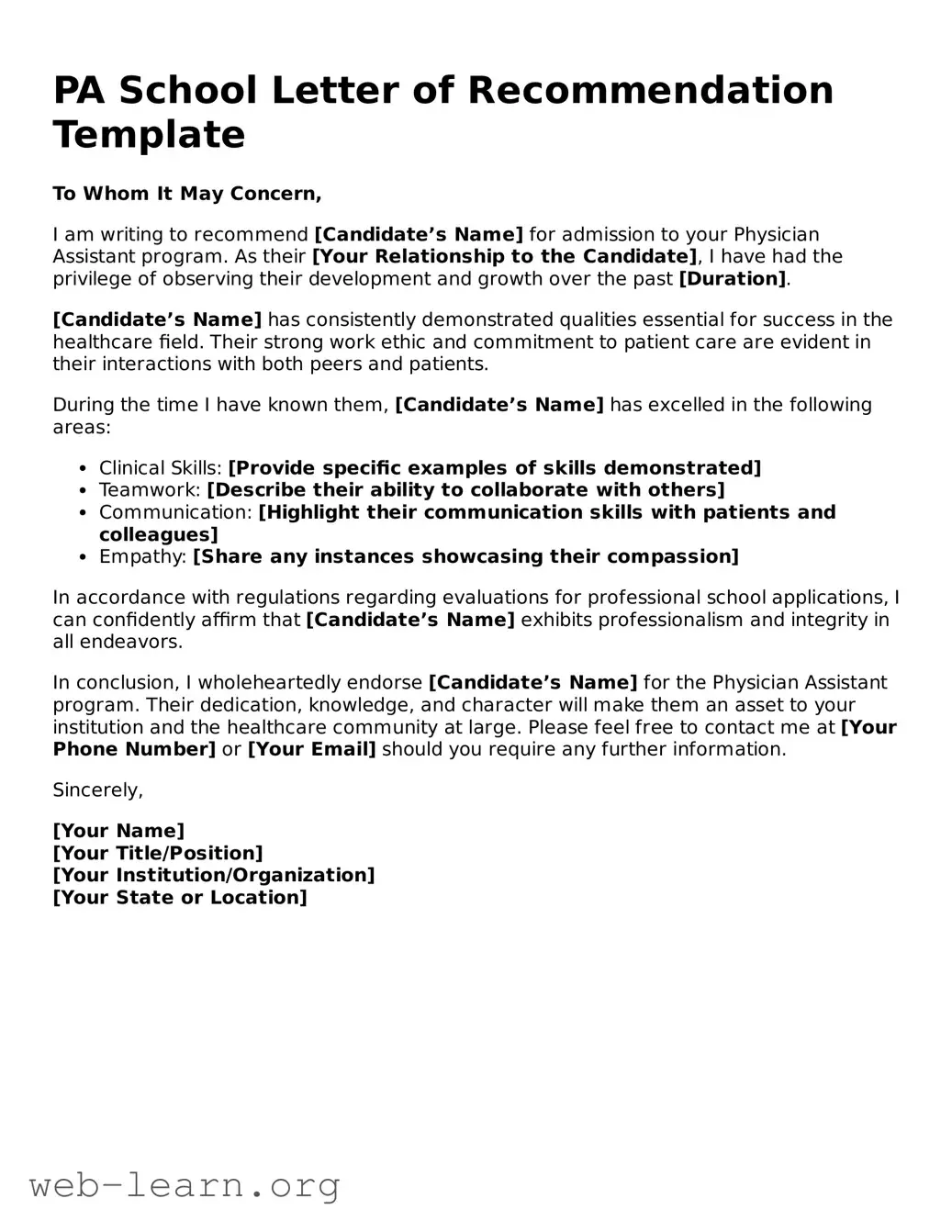 Attorney-Approved PA School Letter of Recommendation Template