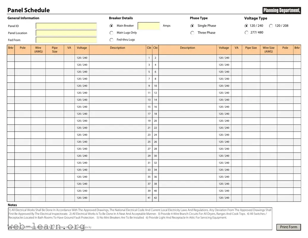 Blank Electrical Panel Schedule Form