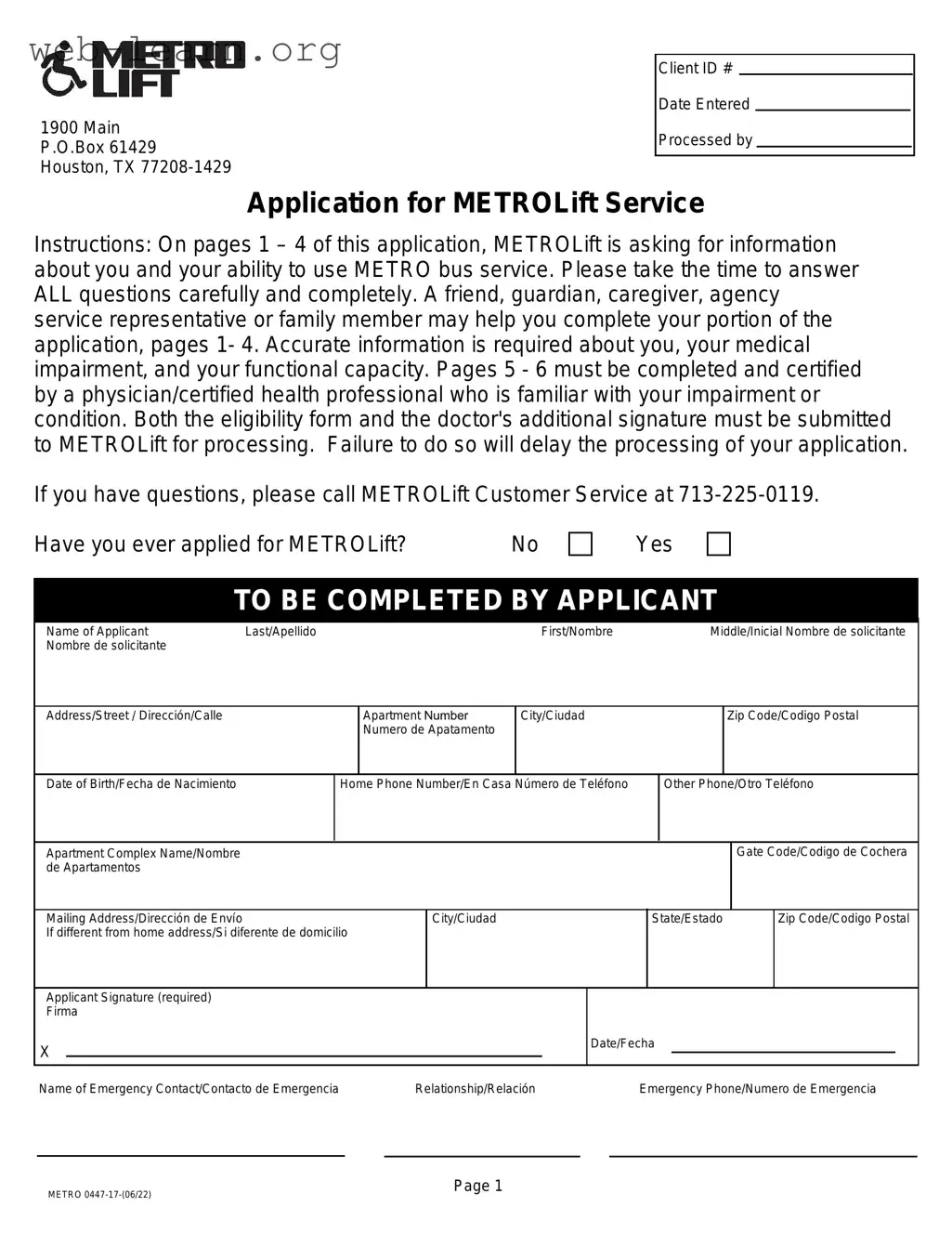 Blank Metrolift Application Form