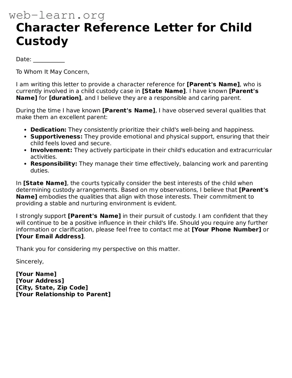 Attorney-Approved Character Reference Letter for Child Custody Template