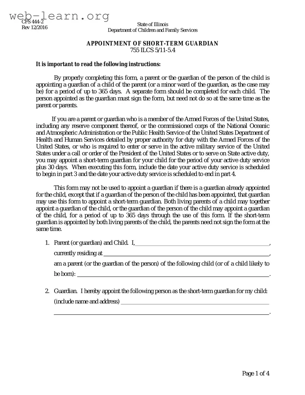Blank Illinois Appointment Short Term Guardian Form