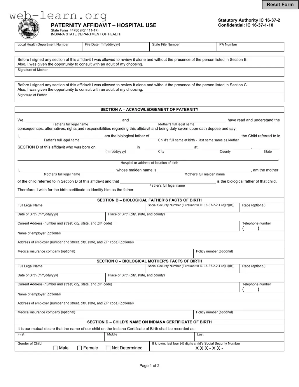 Blank Indiana Paternity Affidavit 44780 Form