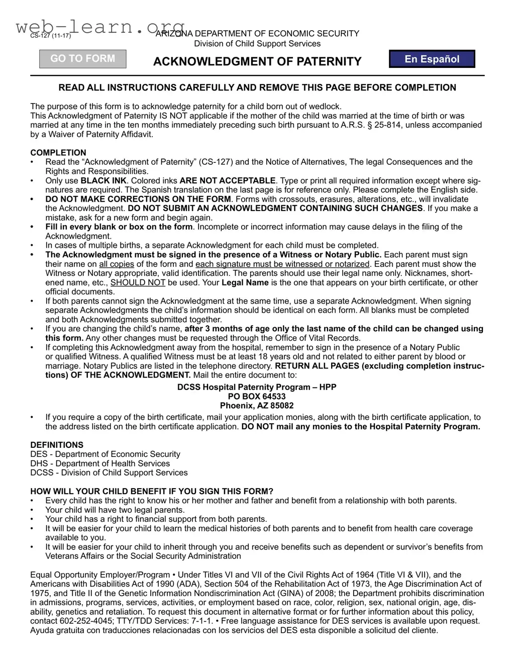 Blank Arizona Paternity Form