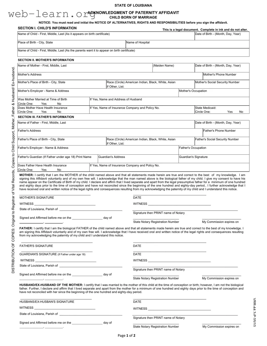 Blank Louisiana Paternity Form
