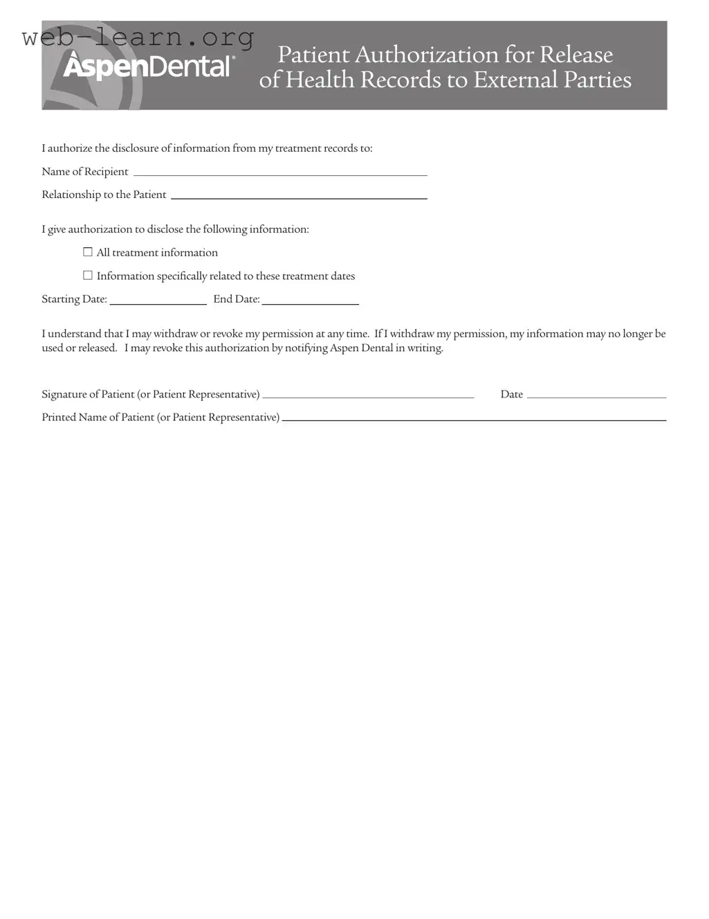 Blank Aspen Dental Health Information Release Form