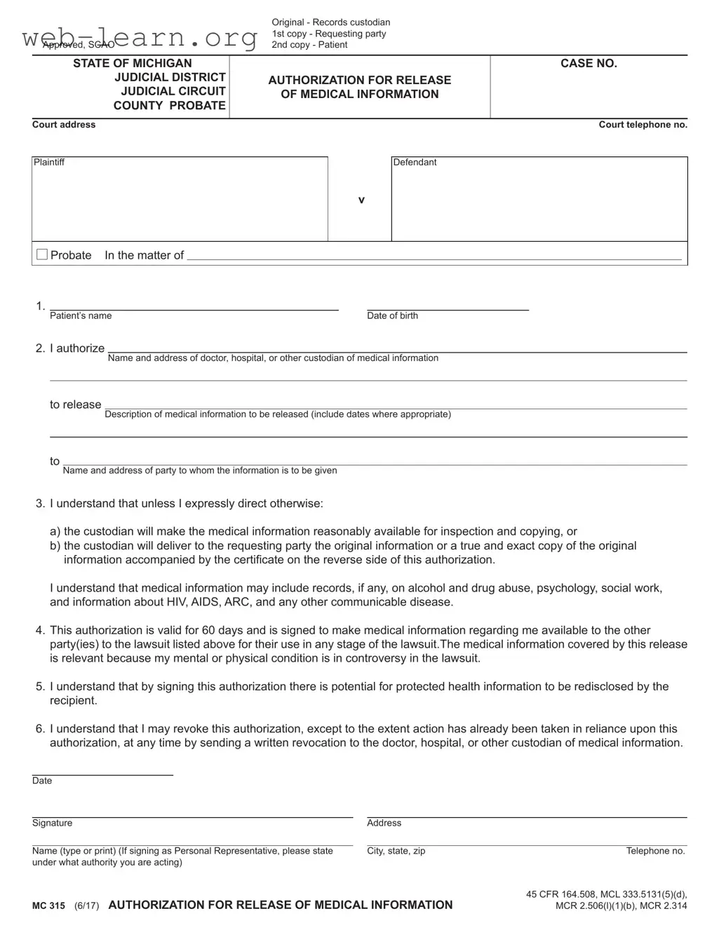 Blank Michigan Mc 315 Form