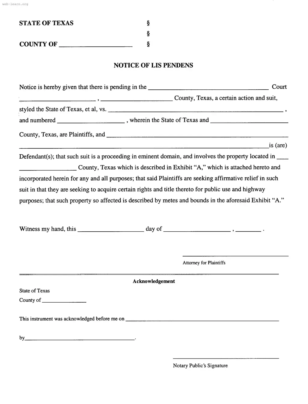 Blank Lis Pendens Texas Form