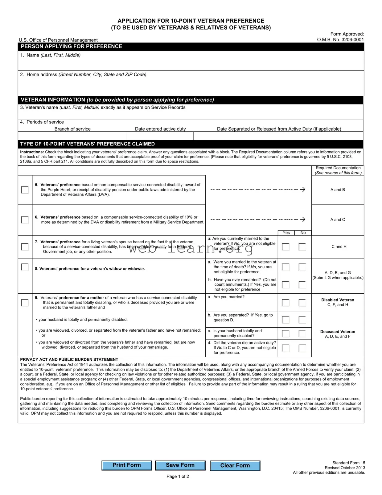 Blank OPM Standard form 15 Form