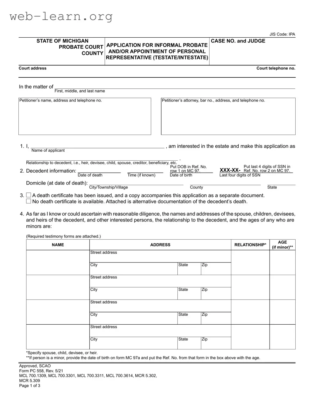 Blank Michigan Pc 558 Form
