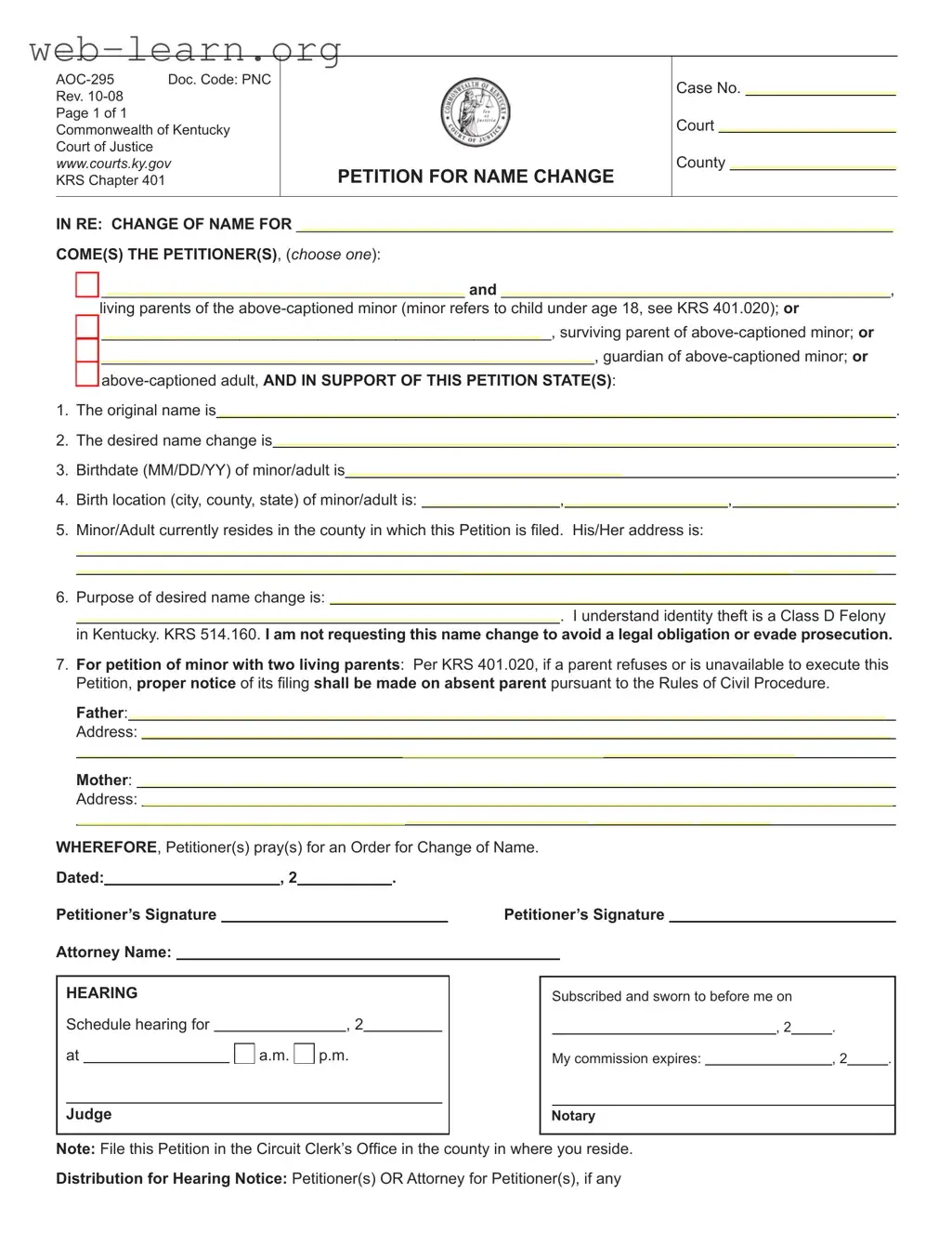 Blank Kentucky Petition Name Change Form