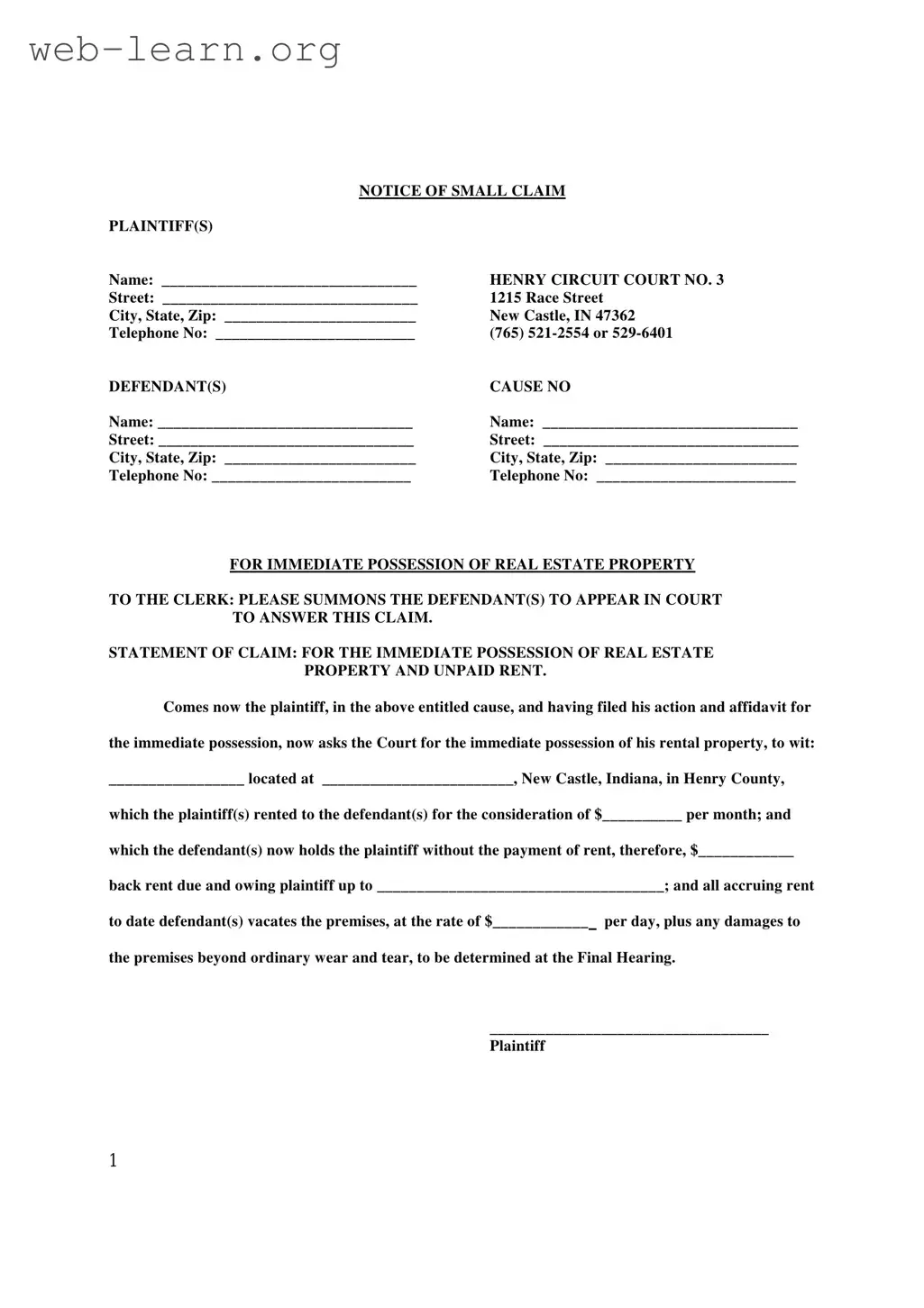 Blank Indiana Immediate Possession Form
