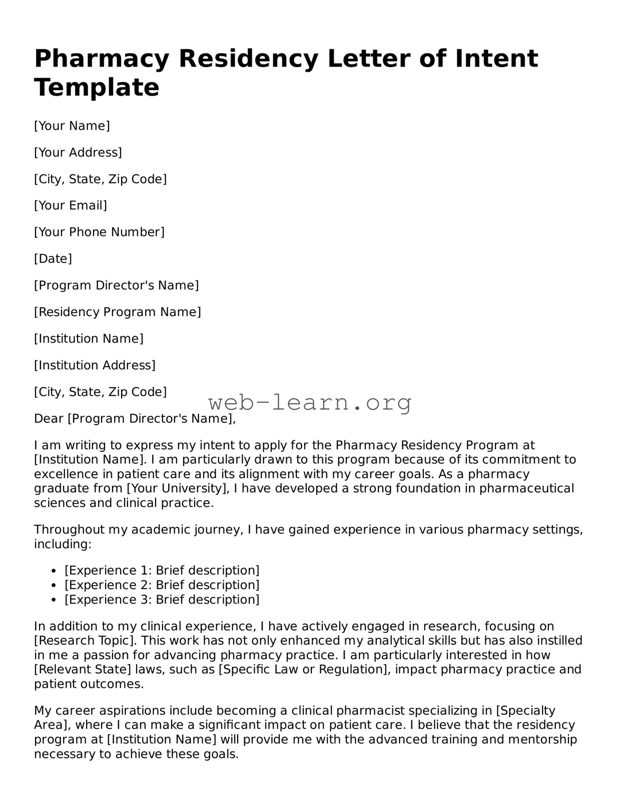 Attorney-Approved Pharmacy Residency Letter of Intent Template