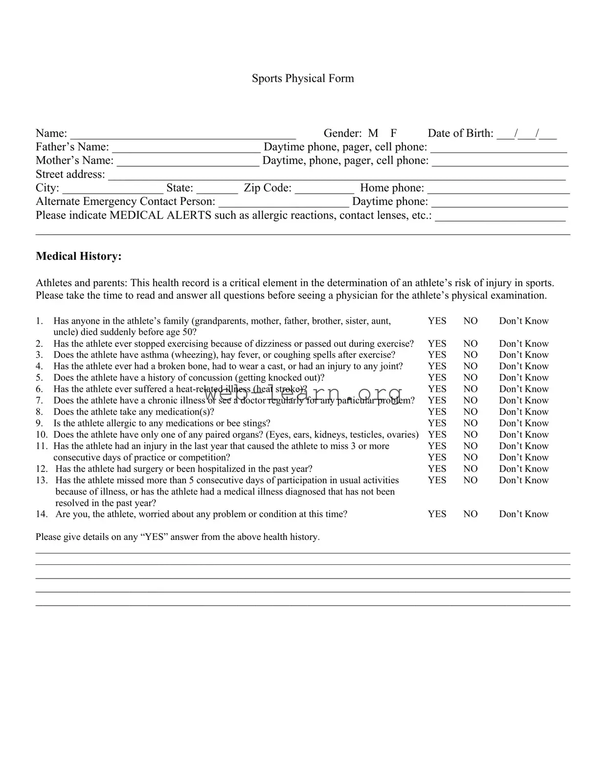 Blank Sports Physical Form