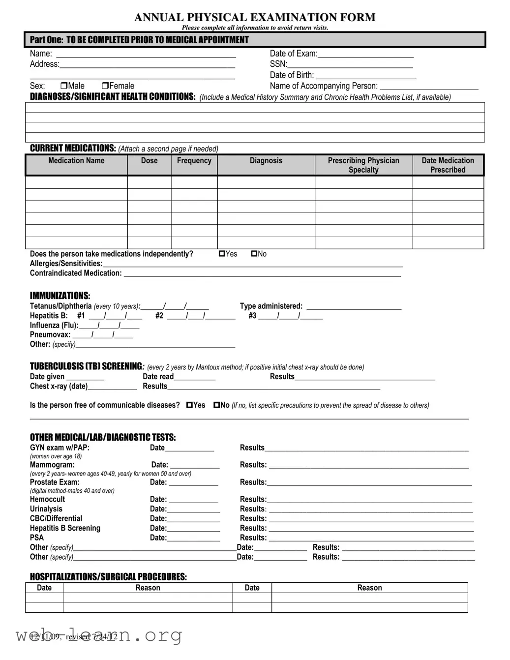 Blank Annual Physical Examination Form