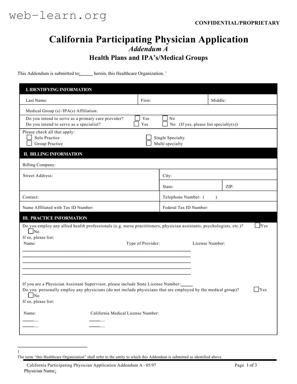 Blank California Participating Physician Form