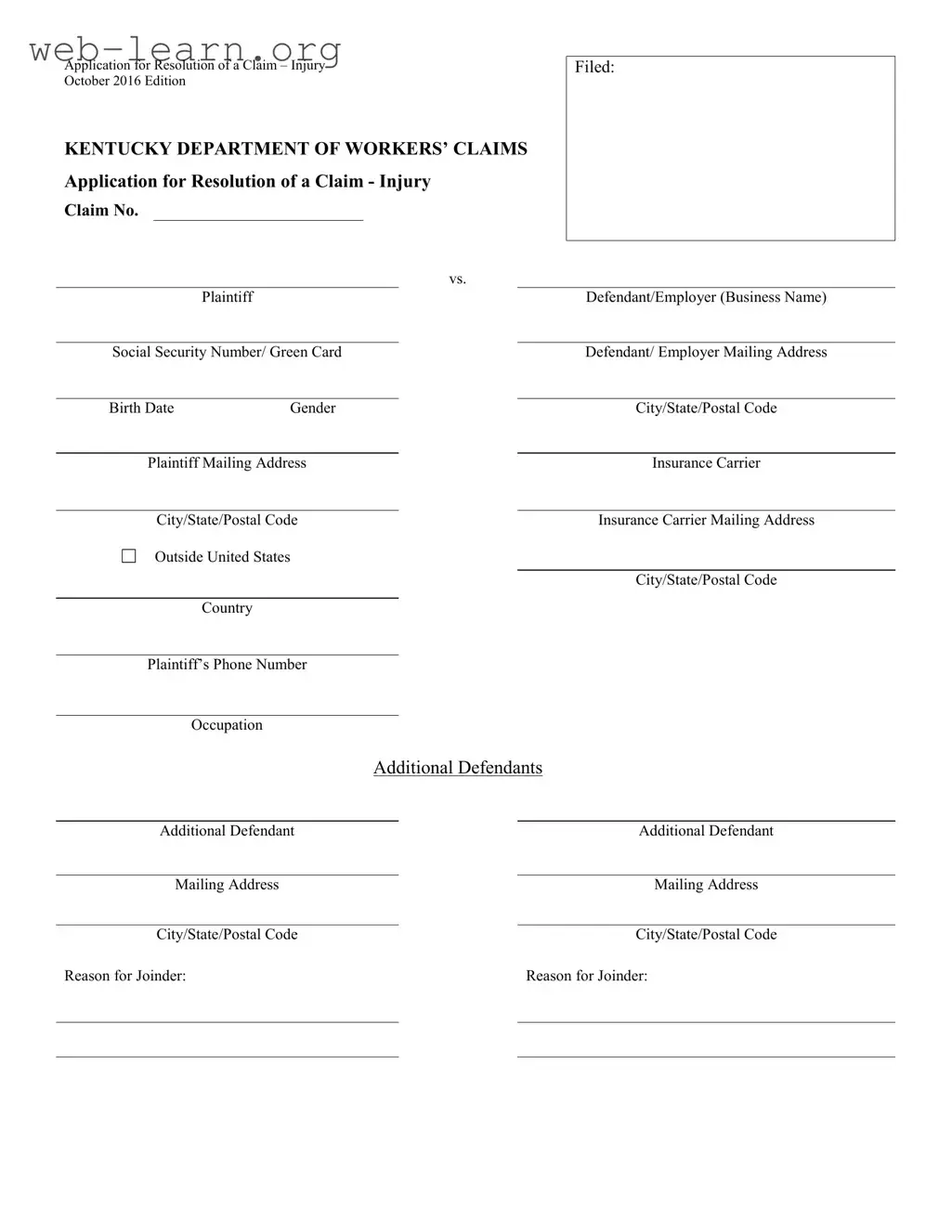 Blank Kentucky 101 Form