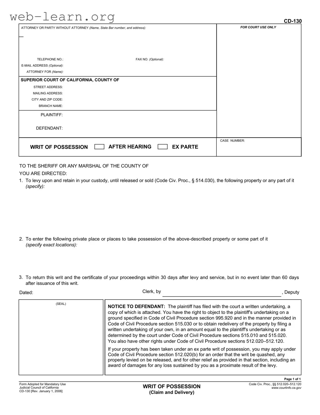 Blank California Cd 130 Form