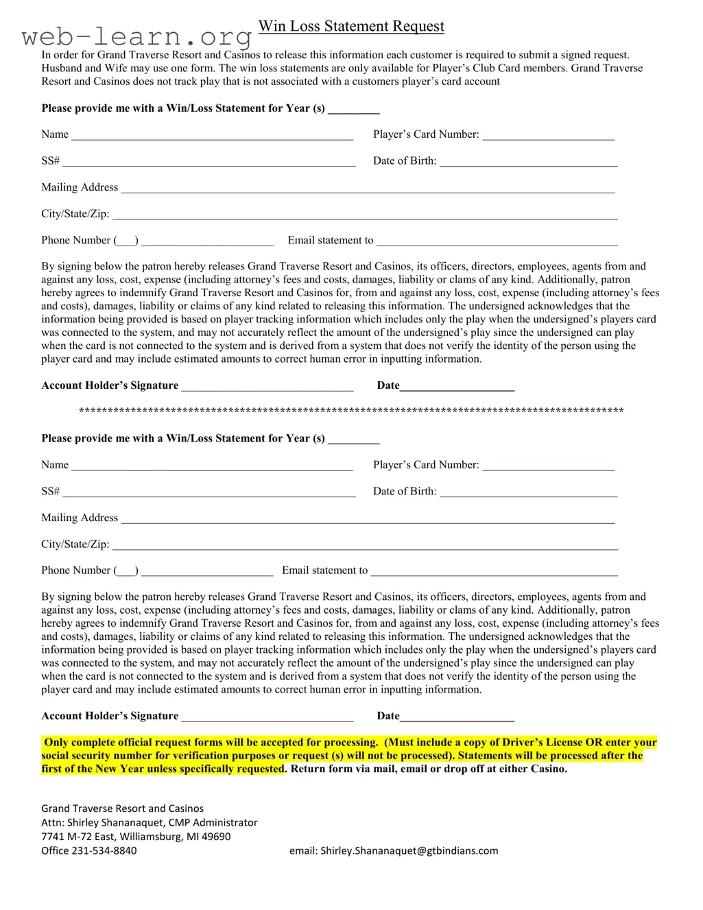 Blank Michigan Win Loss Statement Form